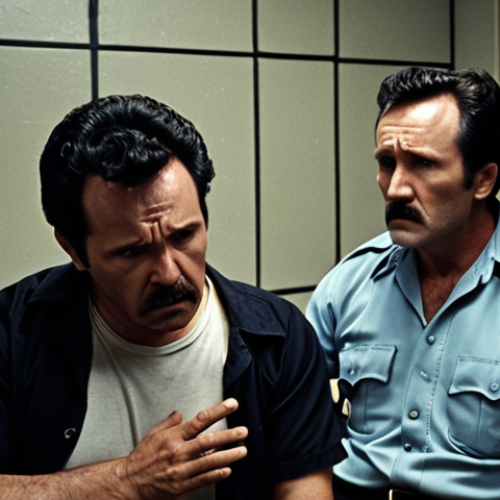 Home 4 ** Henry Lee Lucas, looking unsettling, giving a vague confession to police detectives in a dimly lit interrogation room. Focus on the psychological tension and uncertainty.
**